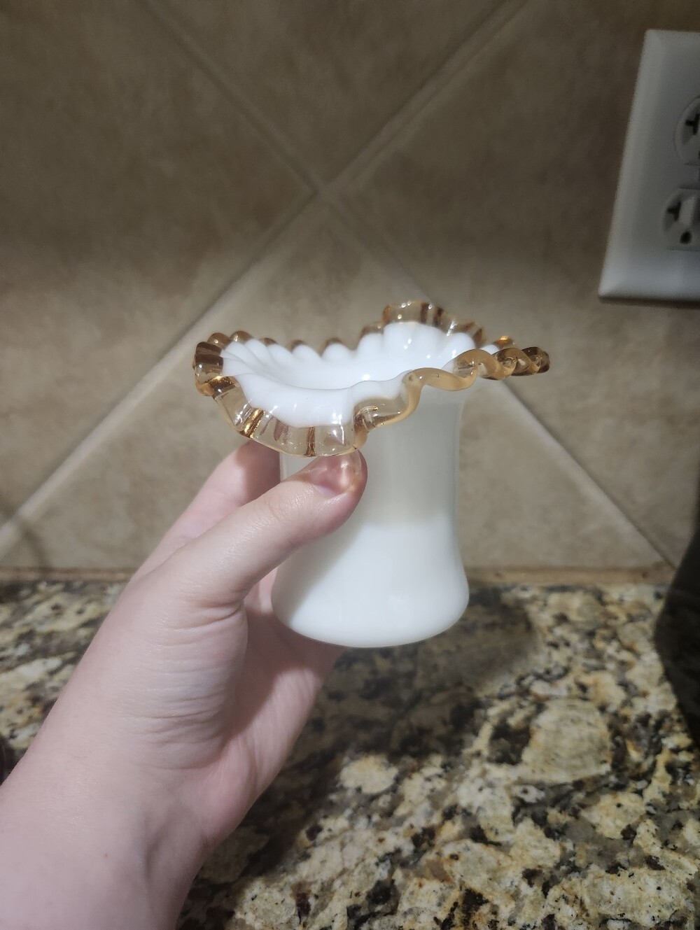 Vintage White Milk Glass Vase with Amber Ruffled Rim